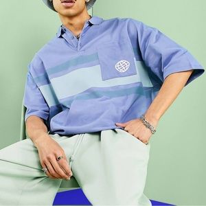 ASOS Daysocial oversized polo shirt with horizontal panel in blue
